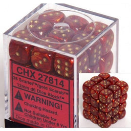 Chessex - 27814 - Scarab Scarlet/gold 12mm d6 Dice Block (36 dice)