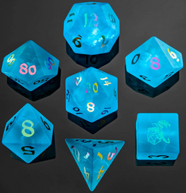 Hymgho - Dragon's Horde Glass 7-Dice RPG Set - Sea Blue with Rainbow
