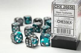 Chessex - 26656 - Gemini Steel-Teal/white 16mm d6 Dice Block (12 dice)