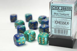 Chessex - 26659 - Gemini Blue-Teal/gold 16mm d6 Dice Block (12 dice)