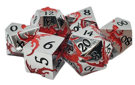 Old School Dice - Metal Soaring Dragon: Silver with Red RPG Dice Set