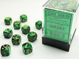 Chessex 26839 - Gemini Black-Green/gold 12mm d6 Dice Block (36 Count)