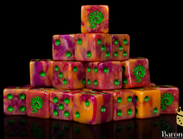 Baron of Dice - Alien Orange & Green 16mm Square Corner d6 Set