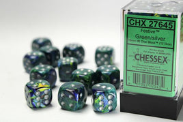 Chessex - 27645 - Festive Green/silver 16mm d6 Dice Block (12 dice)