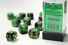 Chessex - 26639 - Gemini Black-Green/gold 16mm d6 Dice Block (12 dice)