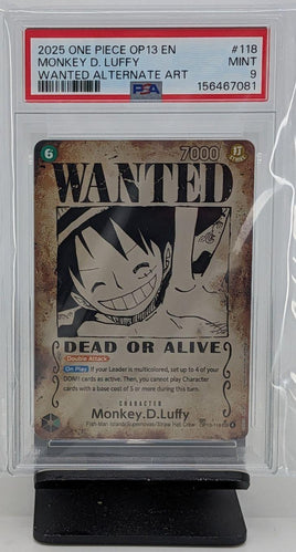 Graded One Piece - Monkey.D.Luffy Wanted Alt Art OP13EN #118 PSA 9 MINT
