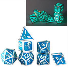 Hymgho - Dice - Metal Draconis Glow in the Dark Blue RPG 7-Dice Set