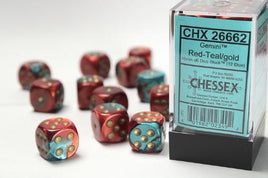 Chessex - 26662 - Gemini Red-Teal/gold 16mm d6 Dice Block (12 dice)