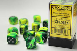 Chessex - 26654 - Gemini Green-Yellow/silver 16mm d6 Dice Block (12 dice)