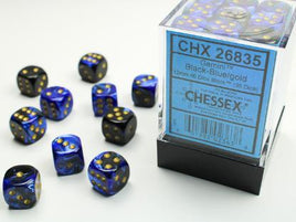 Chessex - 26835 - Gemini Black-Blue/gold 12mm d6 Dice Block (36 dice)